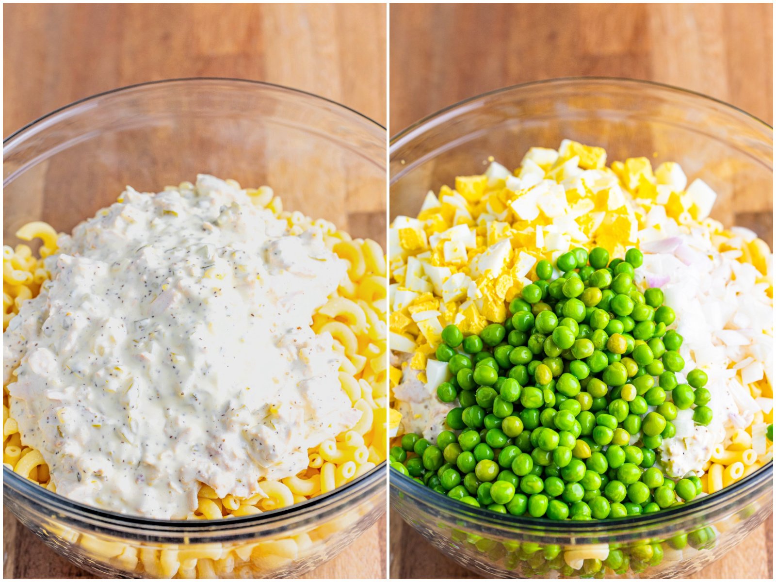 collage of two photos: creamy mayonnaise mixture poured on top of cooked macaroni in a bowl; chopped boiled eggs, shallot and peas added into bowl with macaroni.