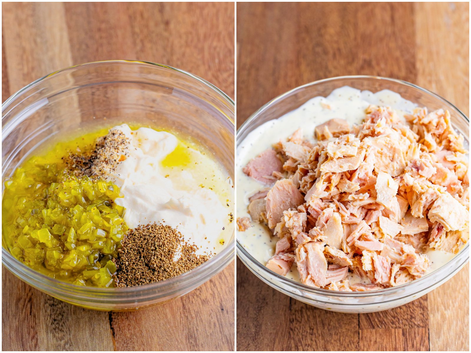 collage of two photos: mayonnaise, relish, celery seed, lemon juice, salt and pepper in a clear bowl; tuna added into mayonnaise mixture in a bowl. 