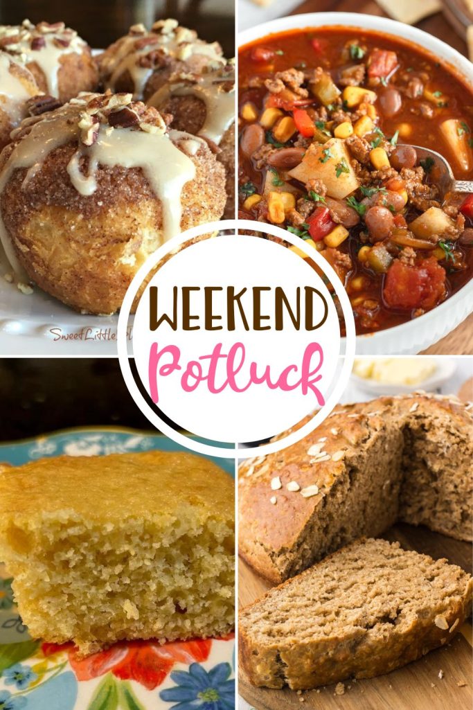 Weekend Potluck featured recipes include: Are You Kidding Me Cake, Cowboy Soup, Guinness Irish Soda Bread, Magic Stuffed Cinnamon Crescent Rolls.