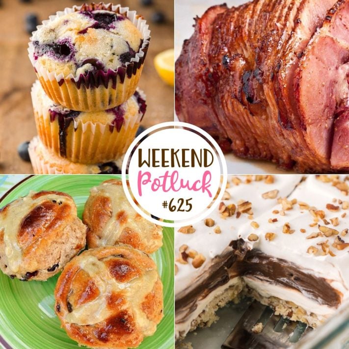 Weekend Potluck featured recipes include: Lemon Blueberry Muffins, Honey Baked Ham, No Yeast Hot Cross Buns and Chocolate Delight.