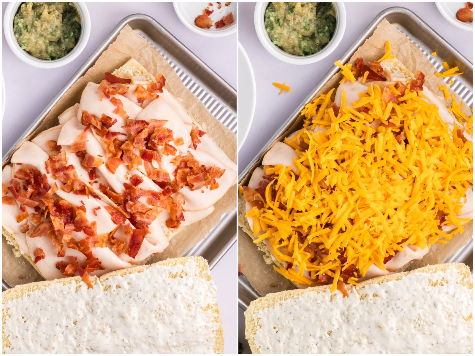 collage of two photos: layer of sliced chicken and crumbled bacon on rolls; shredded cheese added on top of bacon layer. 
