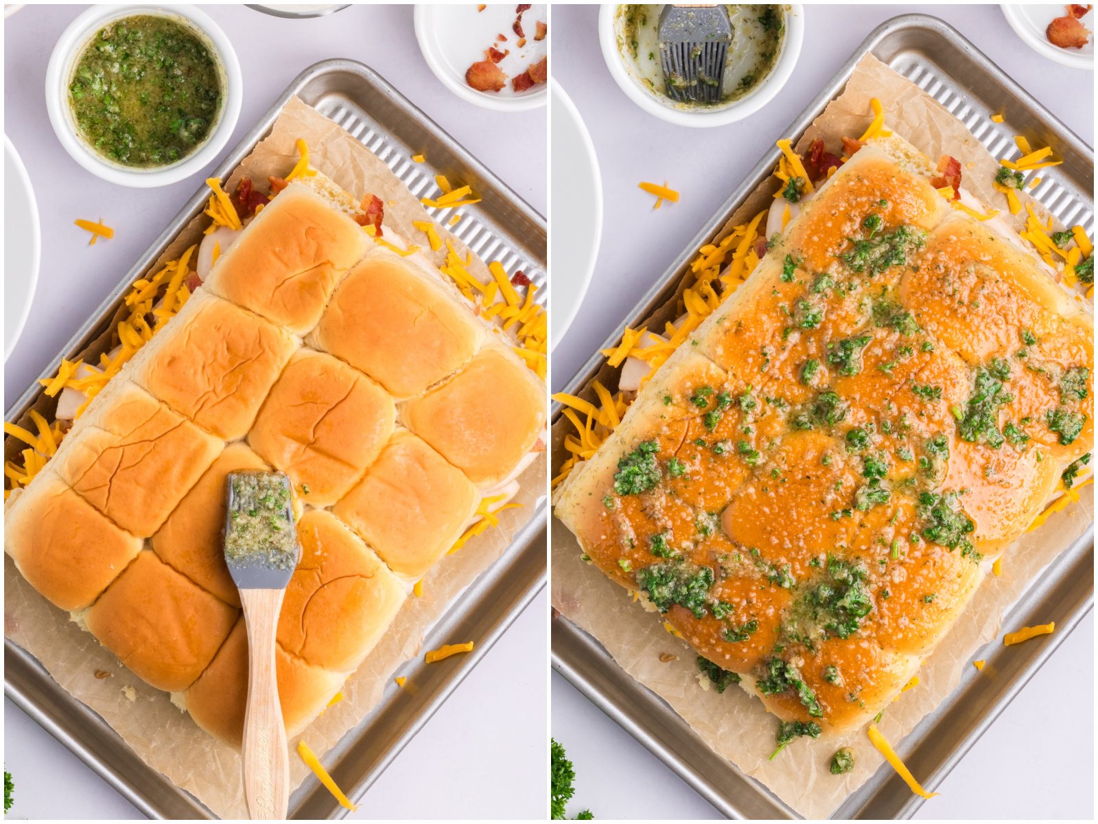 collage of two photos: a pastry brush brushing ranch butter on tops of rolls.; butter shown fully spread on top of slider rolls. 