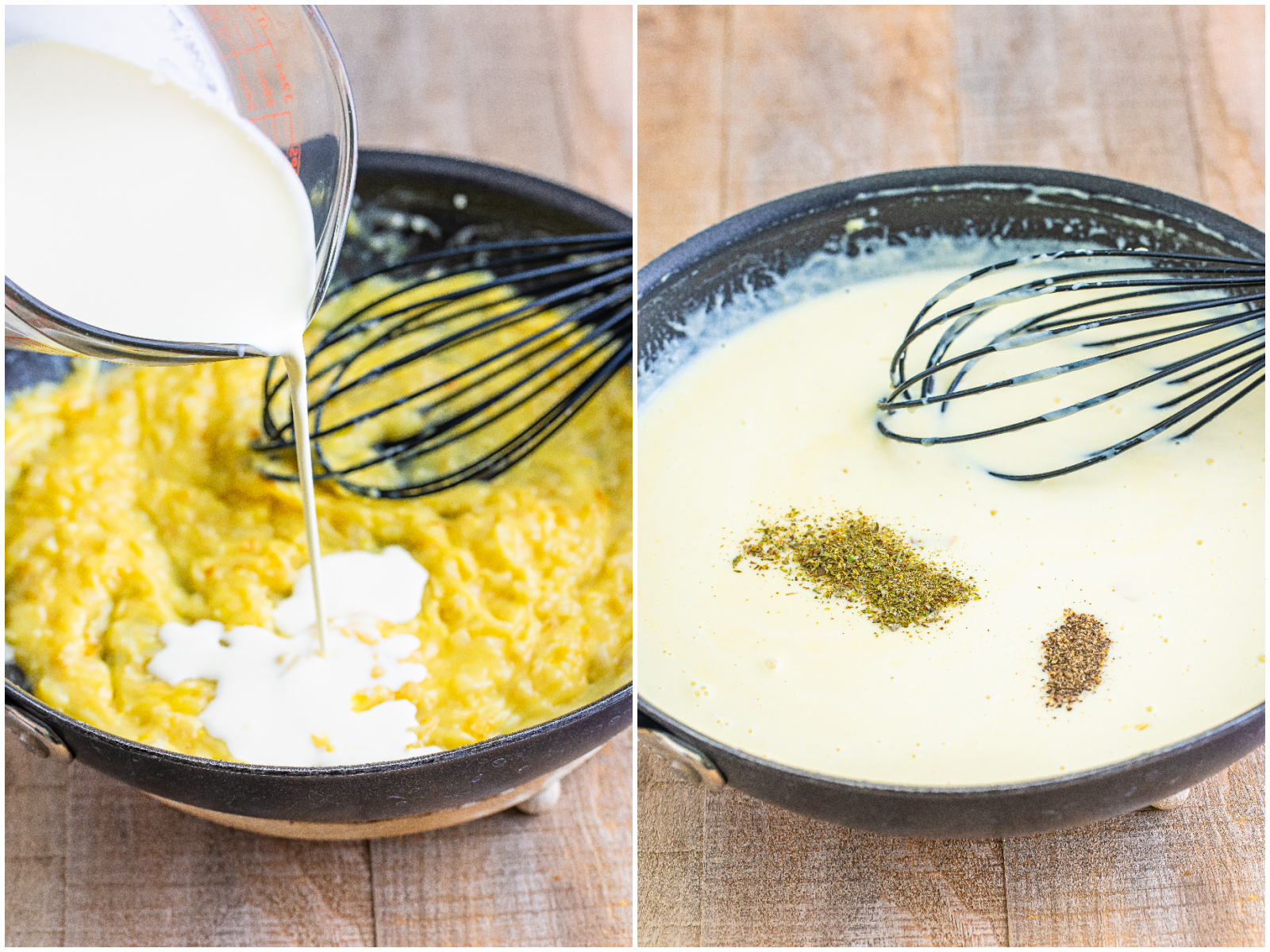 collage of two photos: pouring heavy cream into skillet; Italian seasoning and black pepper added to cream sauce in skillet. 