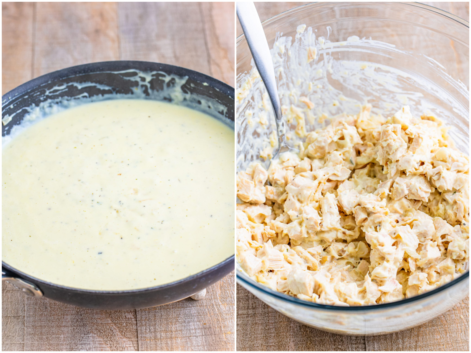 collage of two photos: cream sauce shown in skillet; diced chicken coated in cream sauce in a bowl. 