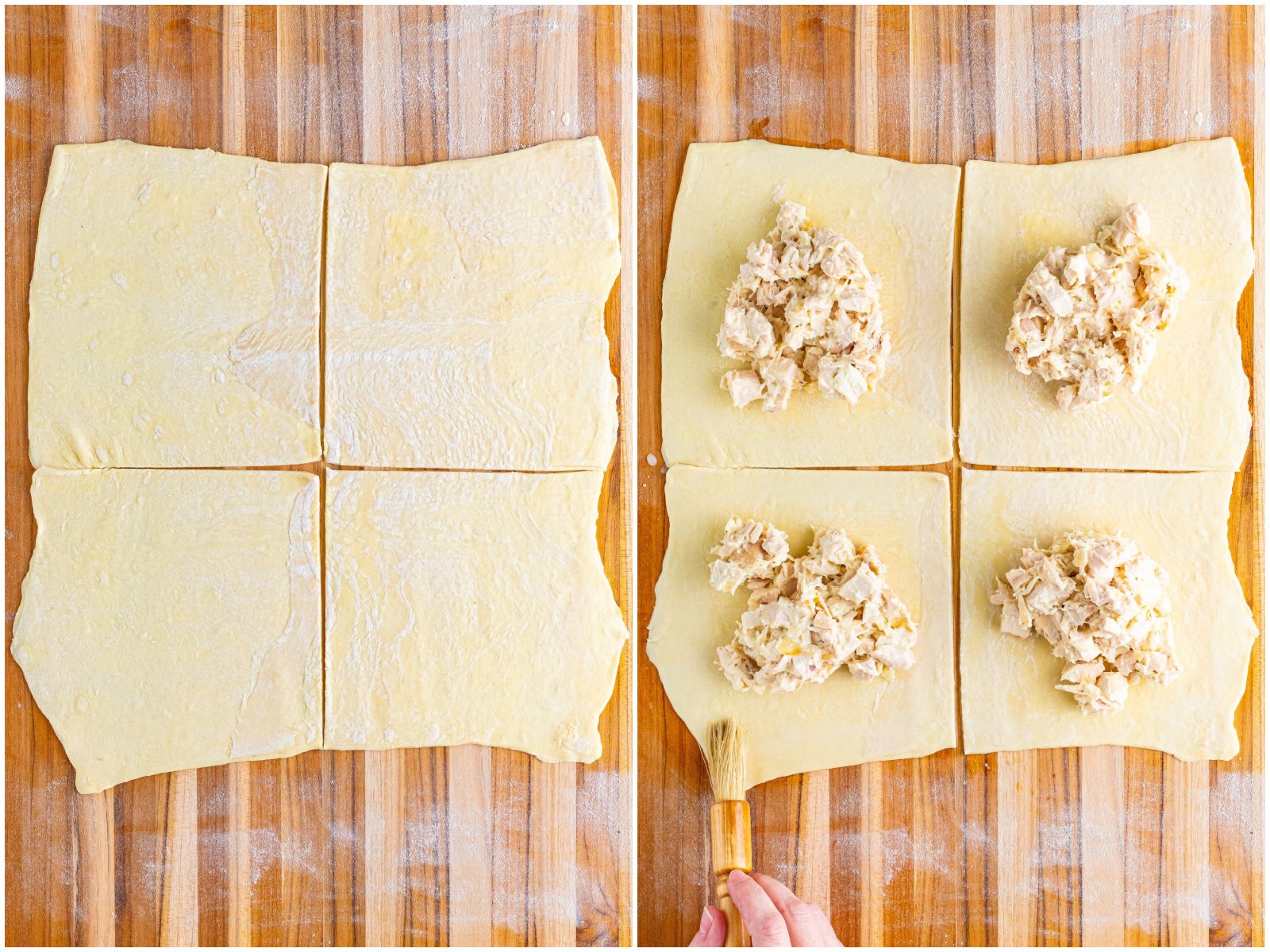 collage of two photos: four pieces of puff pastry squares; chicken filling added to the center of each puff pastry square. 