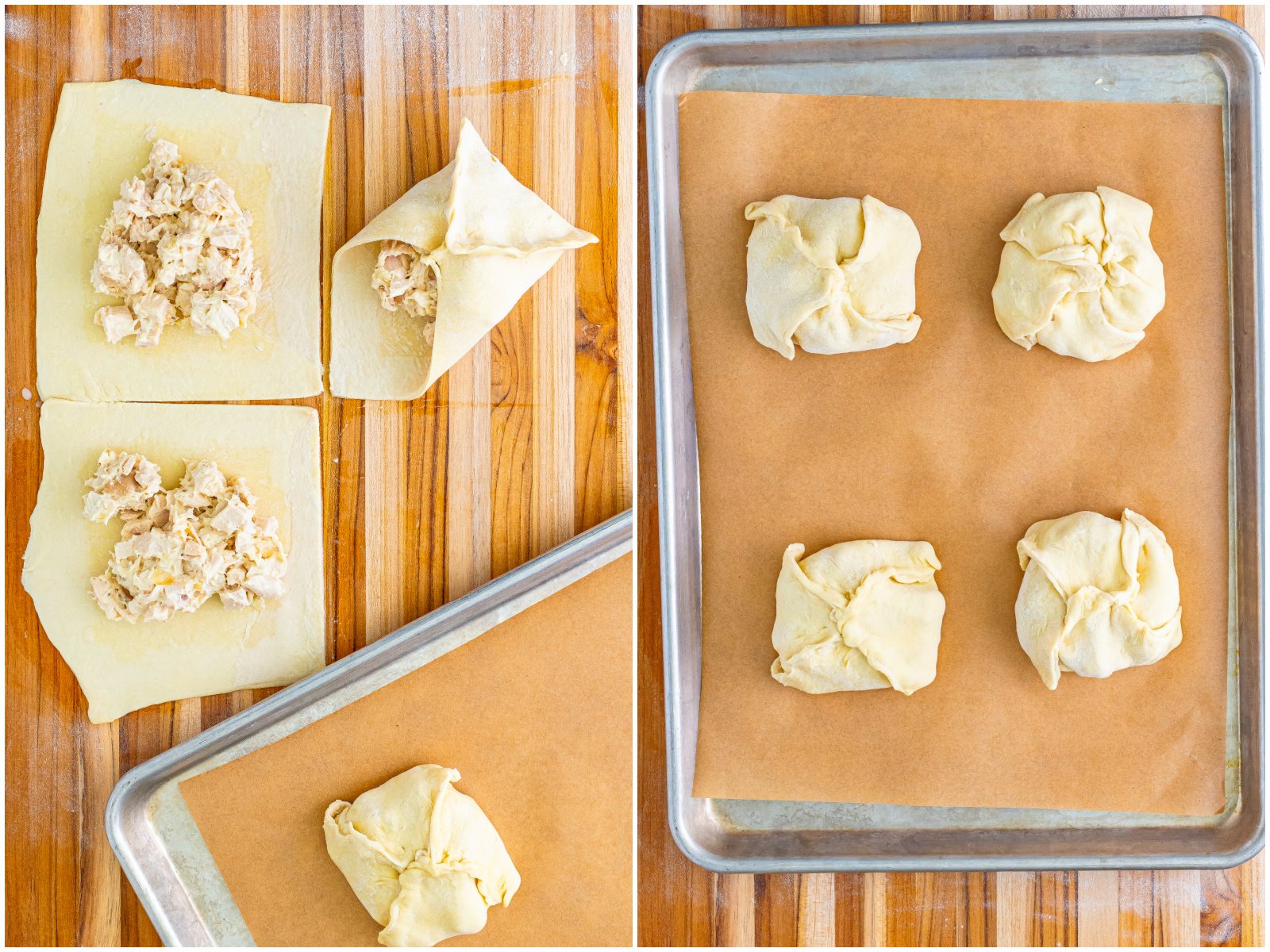 collage of two photos: demonstrating how to fold up the puff pastry; four chicken Wellingtons shown on the baking sheet. 