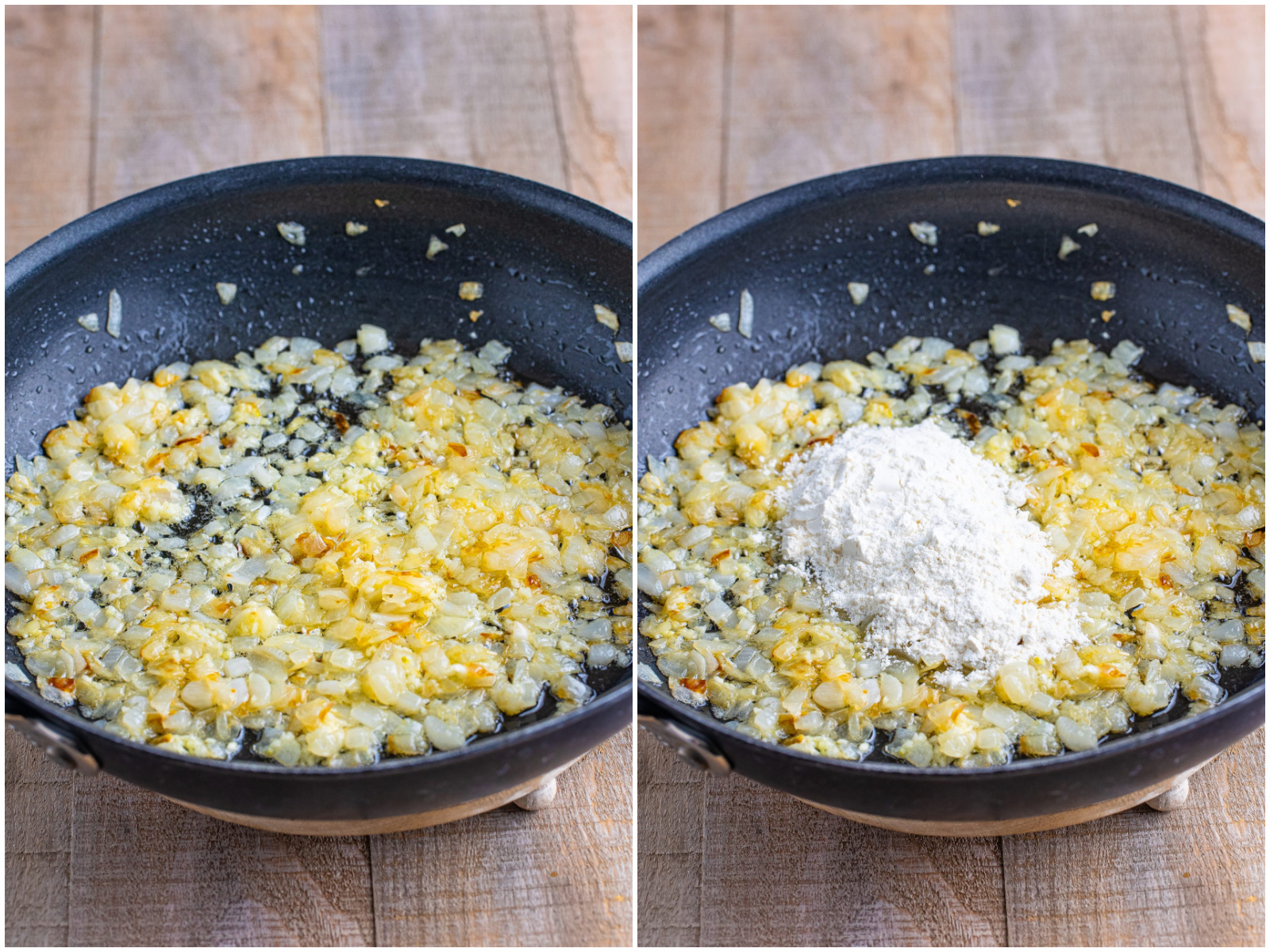 collage of two photos: butter and onions cooking in a skillet; flour added to skillet. 