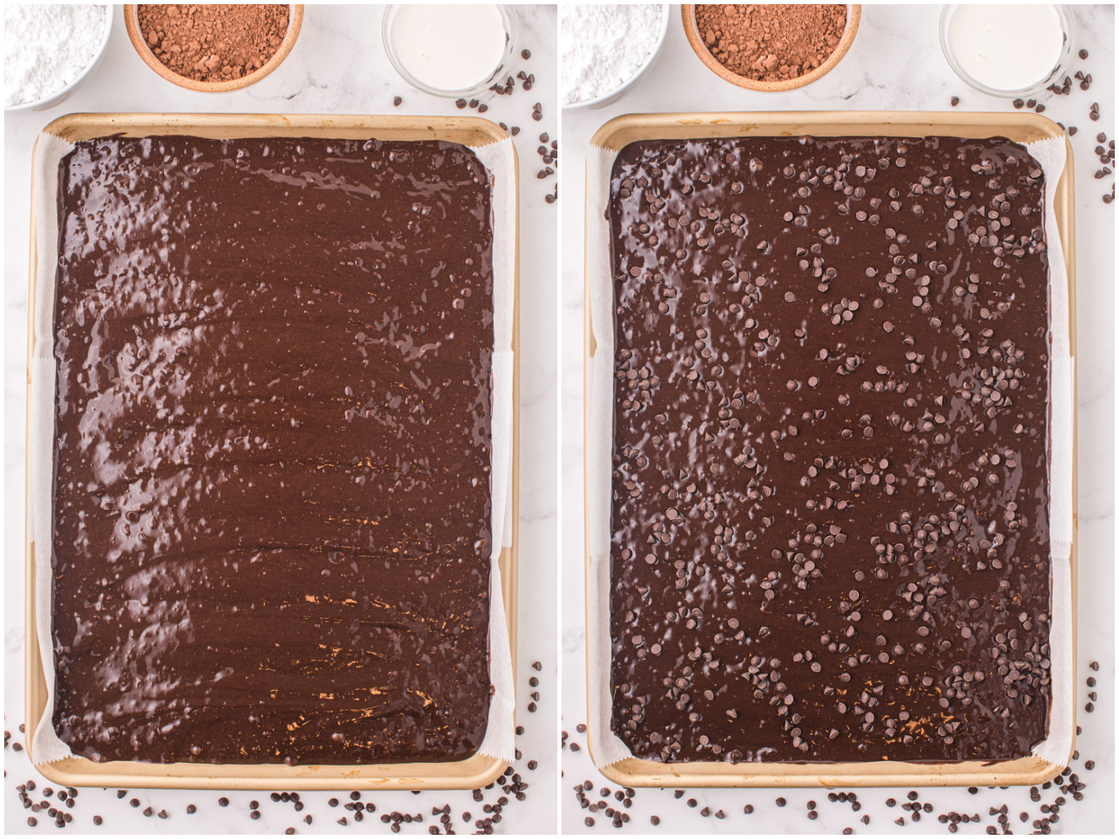 collage of two photos: cake batter in baking pan; mini chocolate chips sprinkled on top of cake batter. 