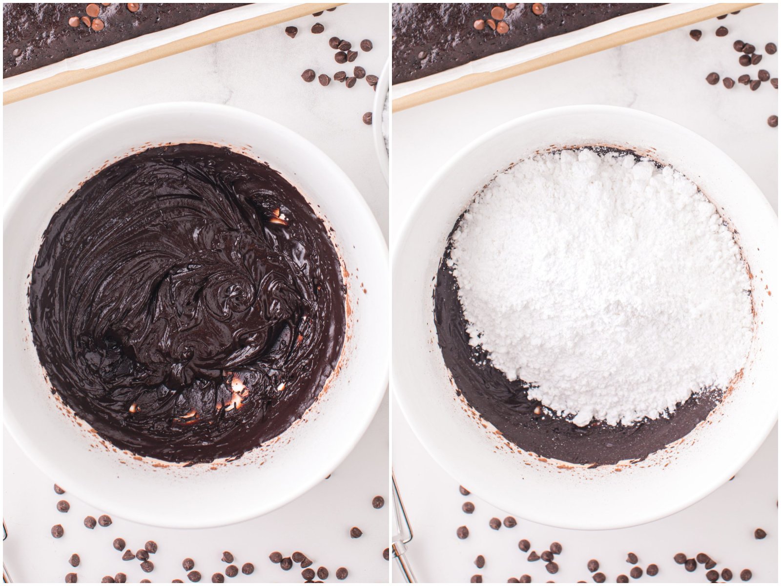 collage of two photos: homemade chocolate frosting prepared in a bowl; powdered sugar added to frosting mixture. 