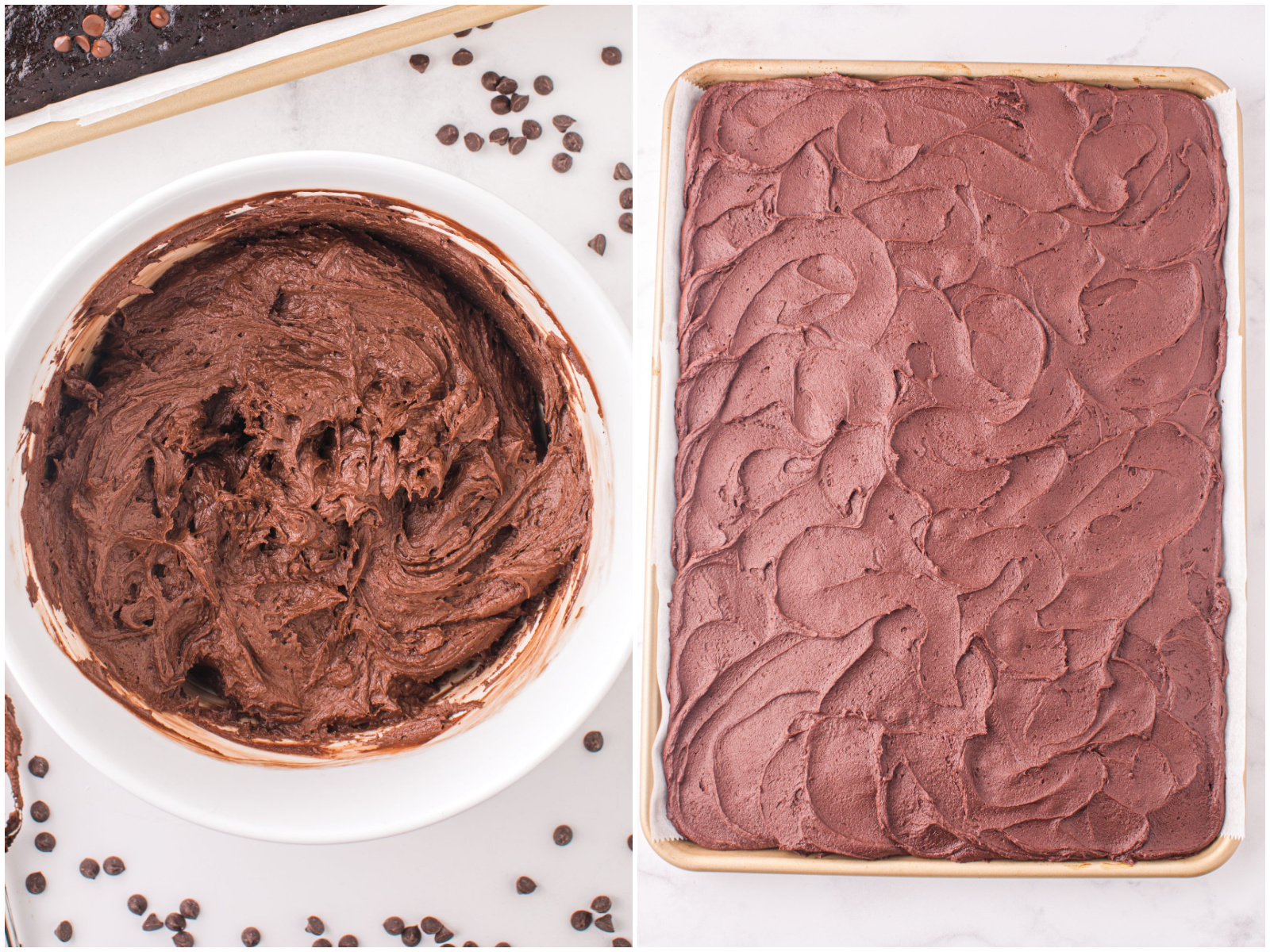 collage of two photos: fully prepared chocolate frosting in a bowl; chocolate frosting spread on top of chocolate cake. 