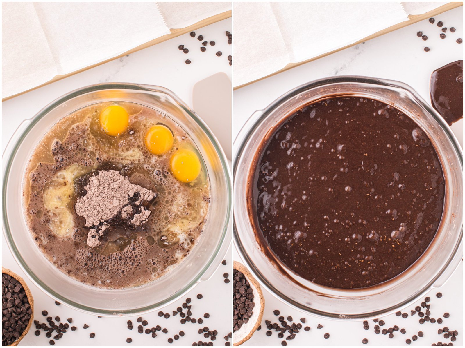 collage of two photos: A mixing bowl with cake mix, eggs, melted butter, and boiling water; chocolate chips being added to cake batter.