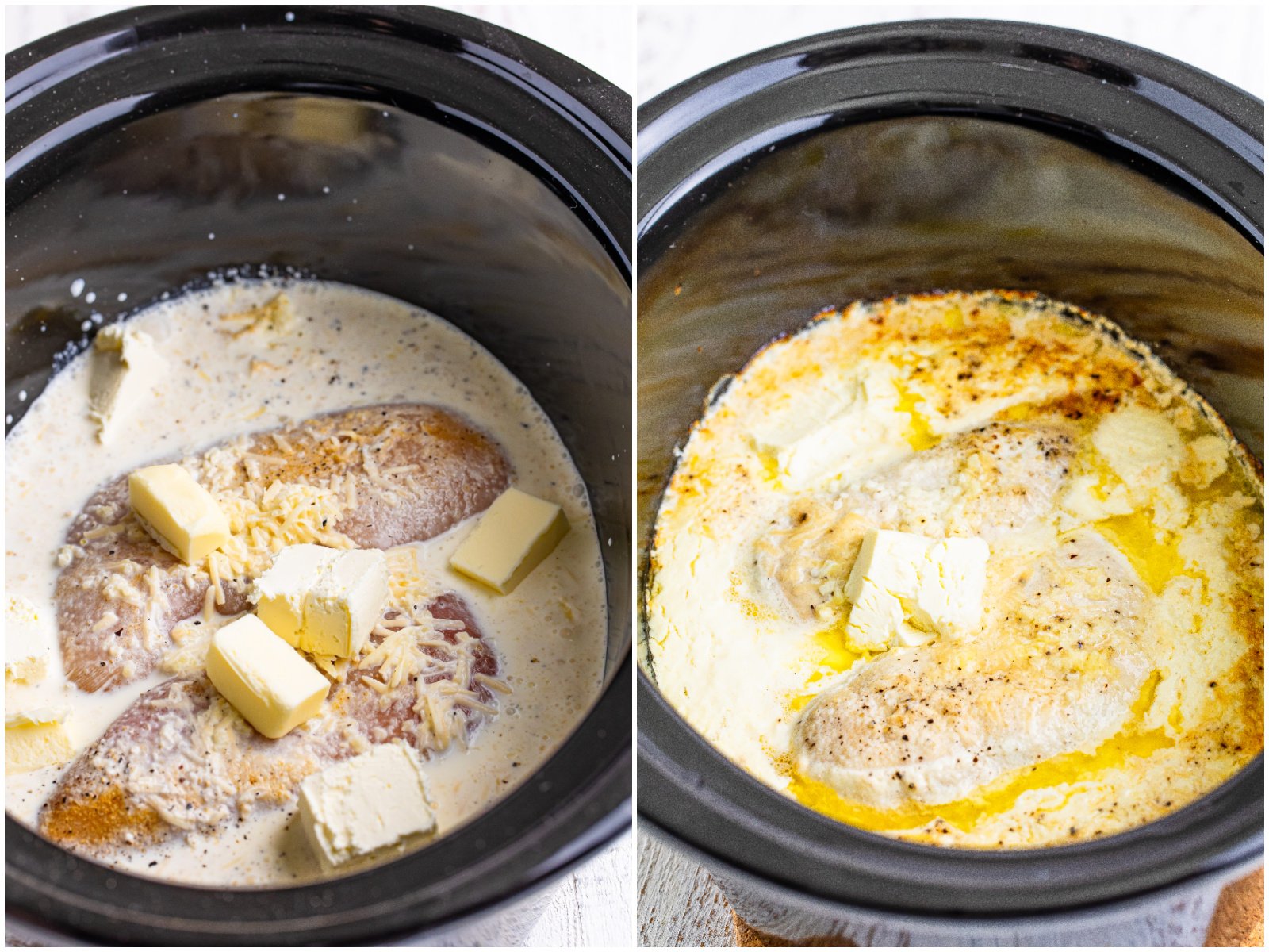 collage of two photos: butter and cream cheese on top of chicken; fully cooked chicken and cream sauce in slow cooker. 