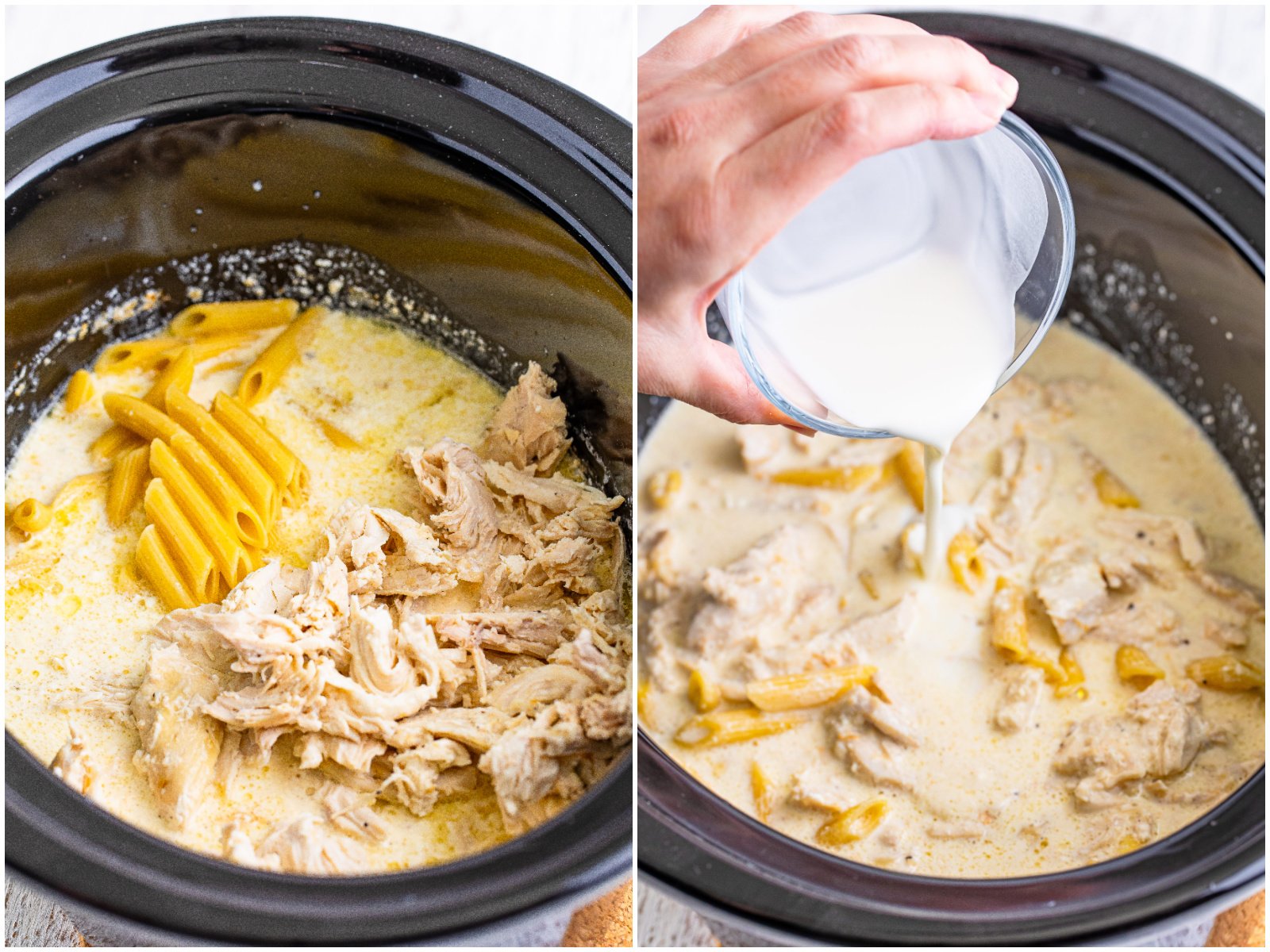 collage of two photos: cooked penne pasta and shredded chicken added back into the slow cooker; cornstarch slurry being poured into slow cooker. 