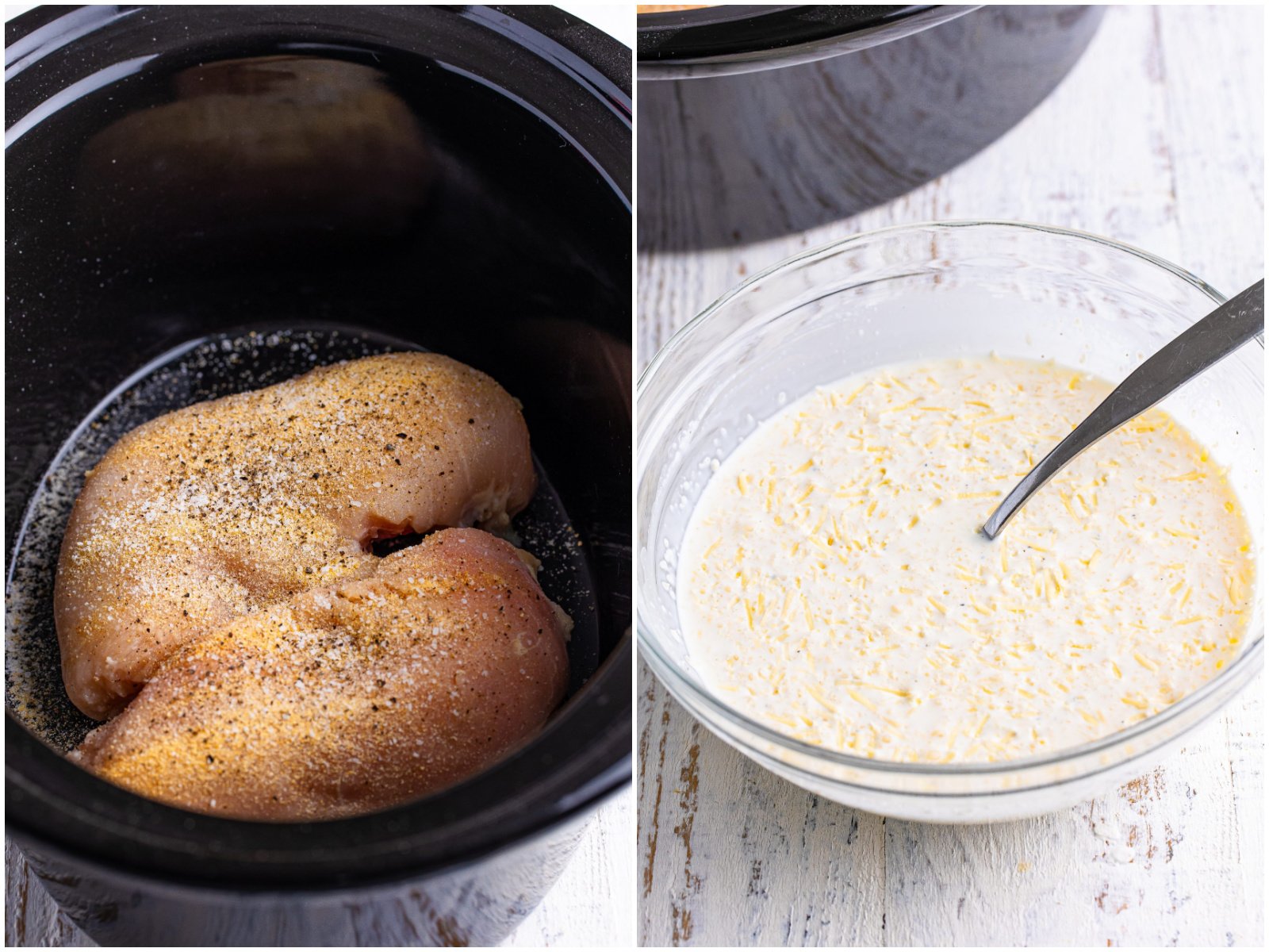 collage of two photos: seasoned chicken breasts in slow cooker; a mixing bowl with cream, stock, parmesan, garlic, and pepper.