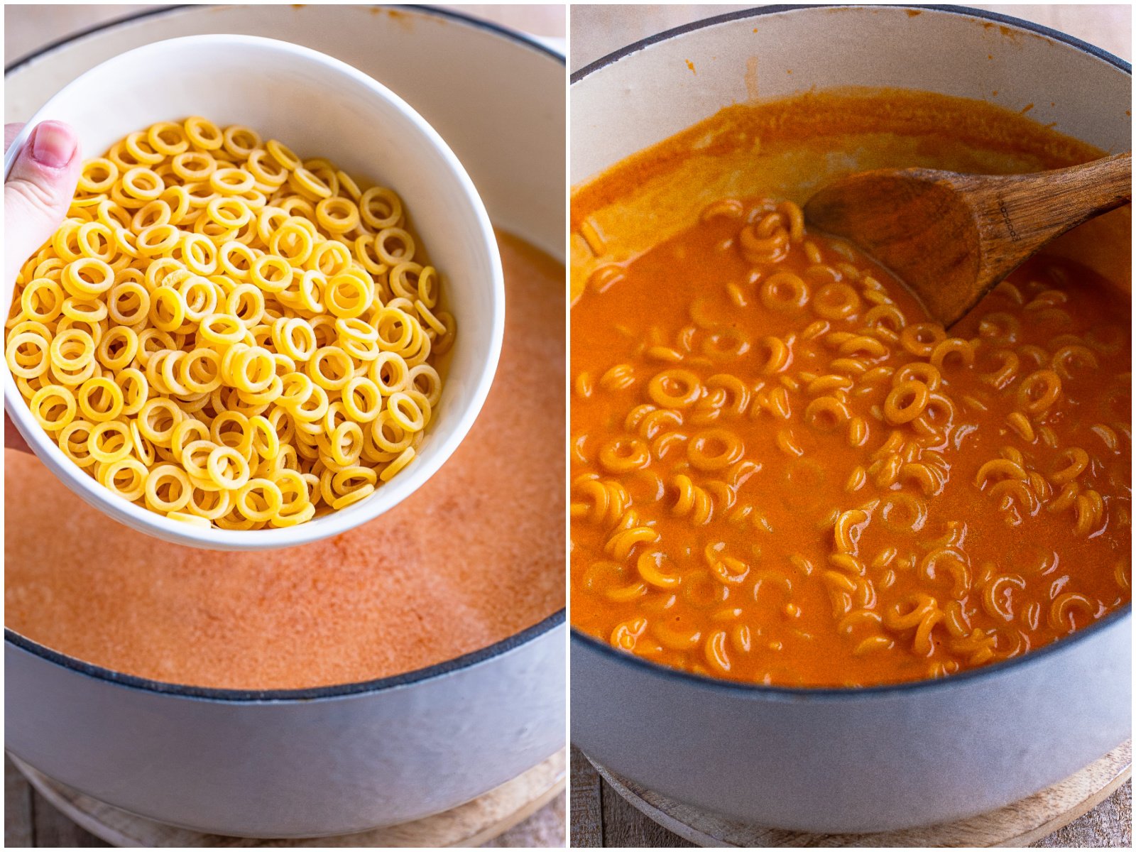 collage of two photos: pasta being added to sauce in dutch oven; thickened sauce and pasta in a pot. 