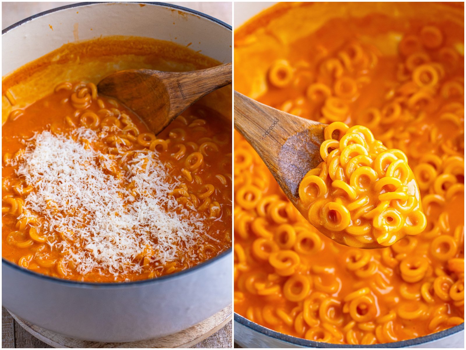 collage of two photos: parmesan cheese added to sauce in a pot; a wooden spoon scooping up spaghettios out of the pot. 