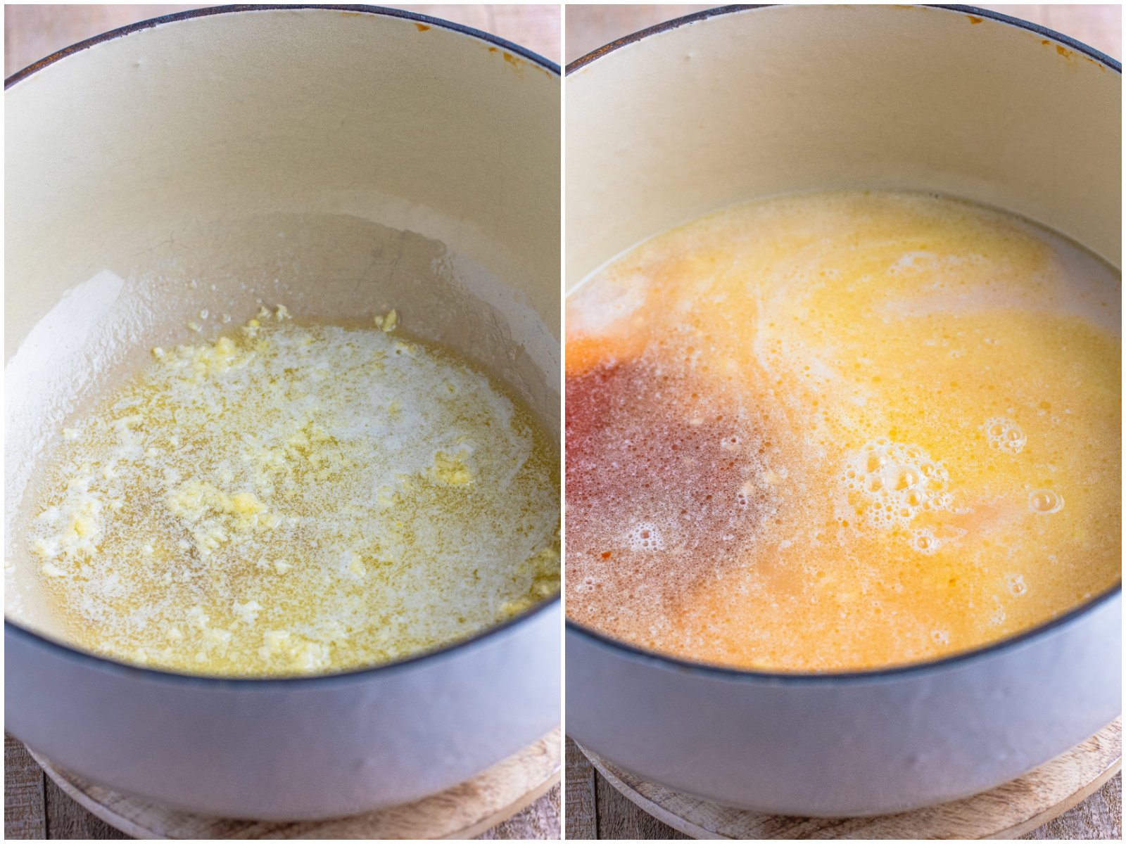 collage of two photos: melted butter and garlic in a Dutch oven; a Dutch oven with water, tomato sauce, half and half, sugar, and salt, melted butter, and garlic.