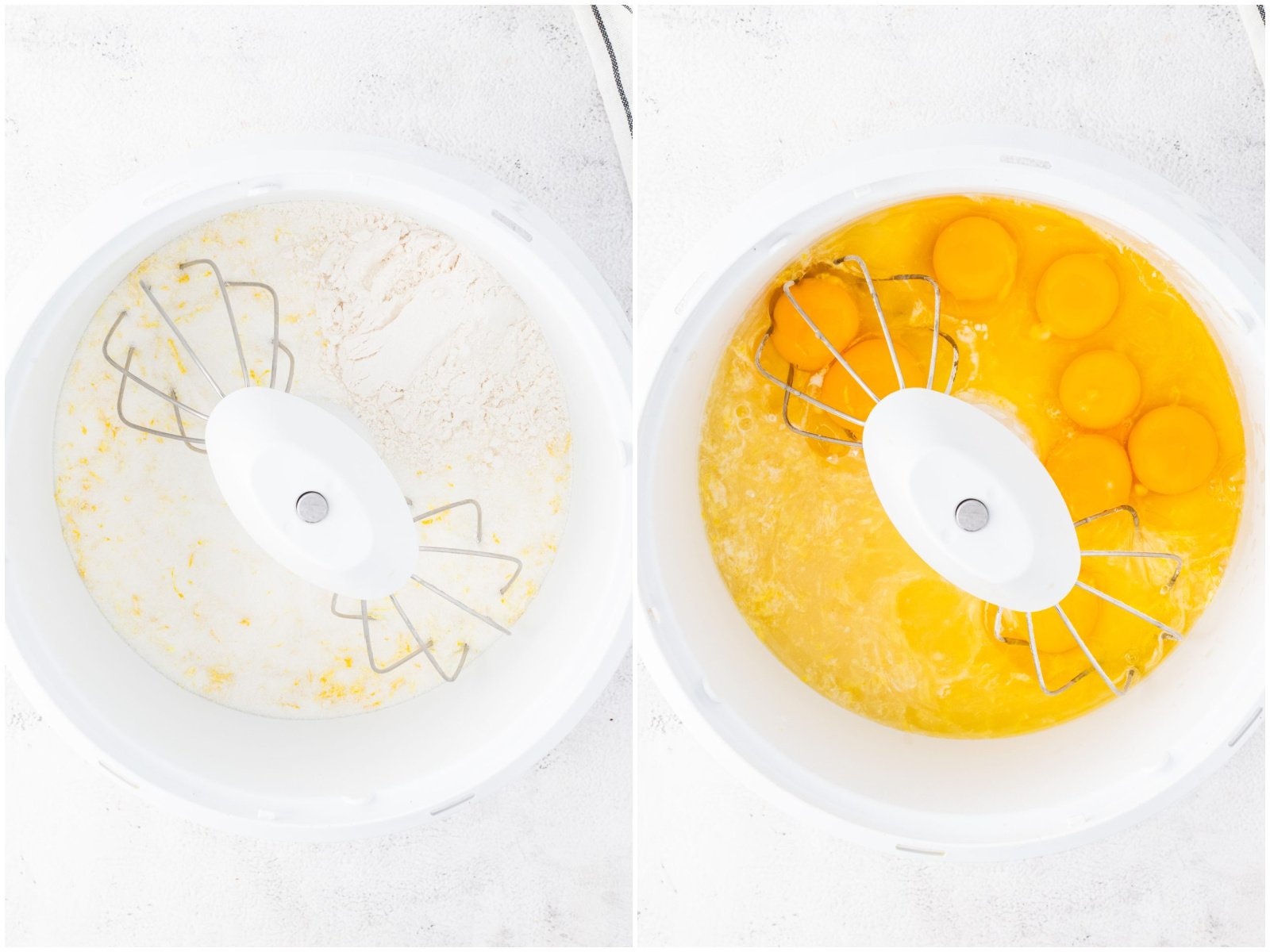 collage of two photos: lemon and sugar in a the bowl of a stand mixer; eggs added to mixer bowl. 