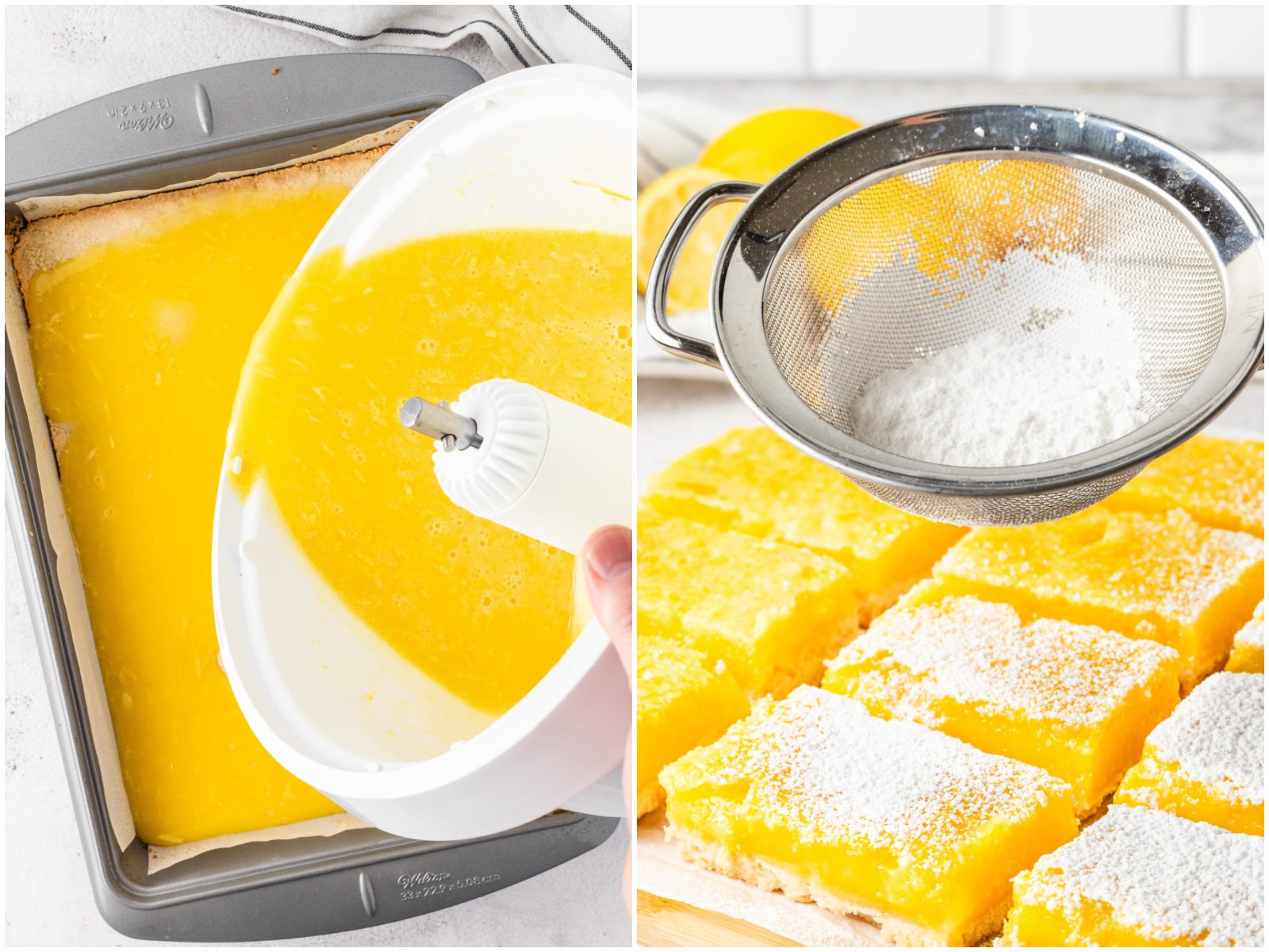 collage of two photos: pouring the lemon bar filling on top of baked crust; dusting powdered sugar on top of finished lemon bars. 