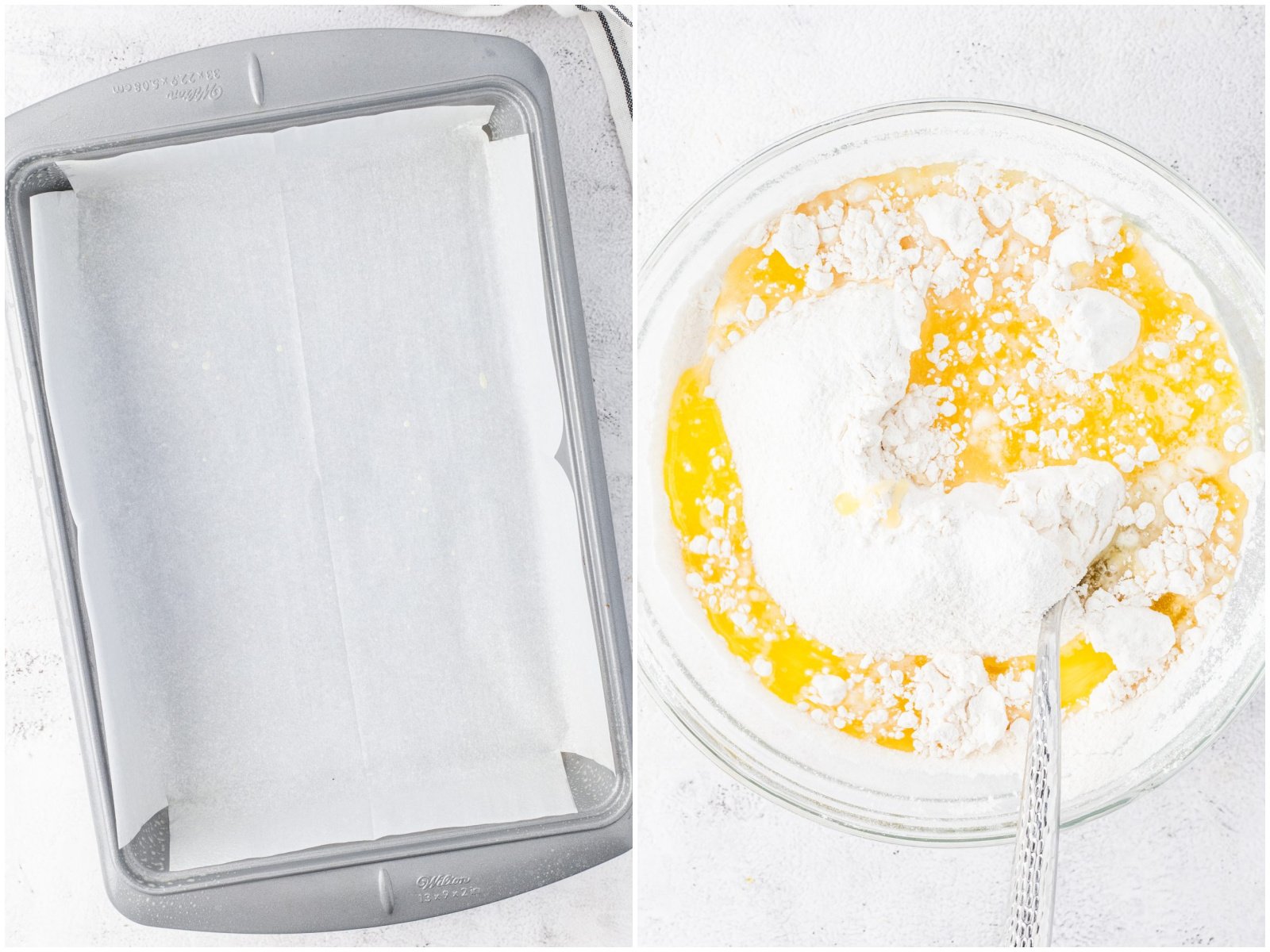 collage of two photos: a baking pan lined with parchment paper; a mixing bowl with powdered sugar, flour, melted butter, and salt.