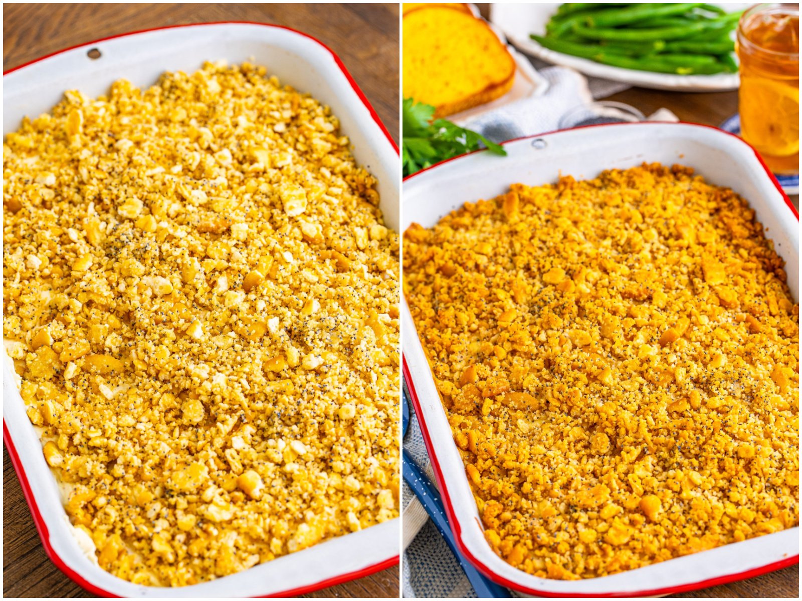 collage of two photos: cracker crumb topping sprinkled on top of cream layer; fully baked poppy seed chicken casserole. 
