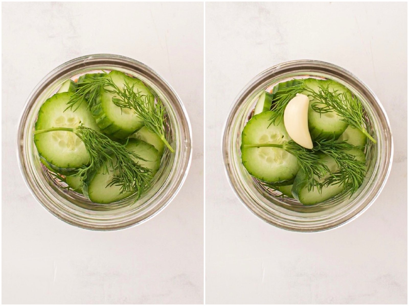 collage of two photos: fresh dill added on top of sliced cucumbers; clove of garlic added on top of dill. 
