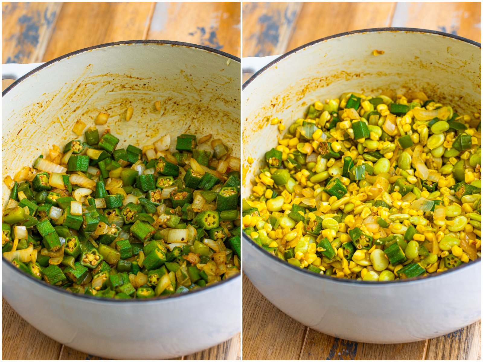 collage of two photos: a dutch oven with onion, bell pepper, okra, salt, pepper, and paprika; lima beans and corn kernels added to the pot. 