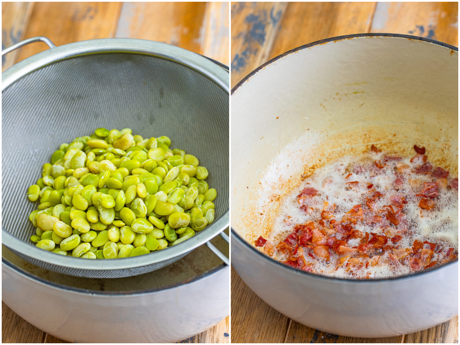 collage of two photos: boiled lima beans in a strainer; cooked bacon in a Dutch oven.