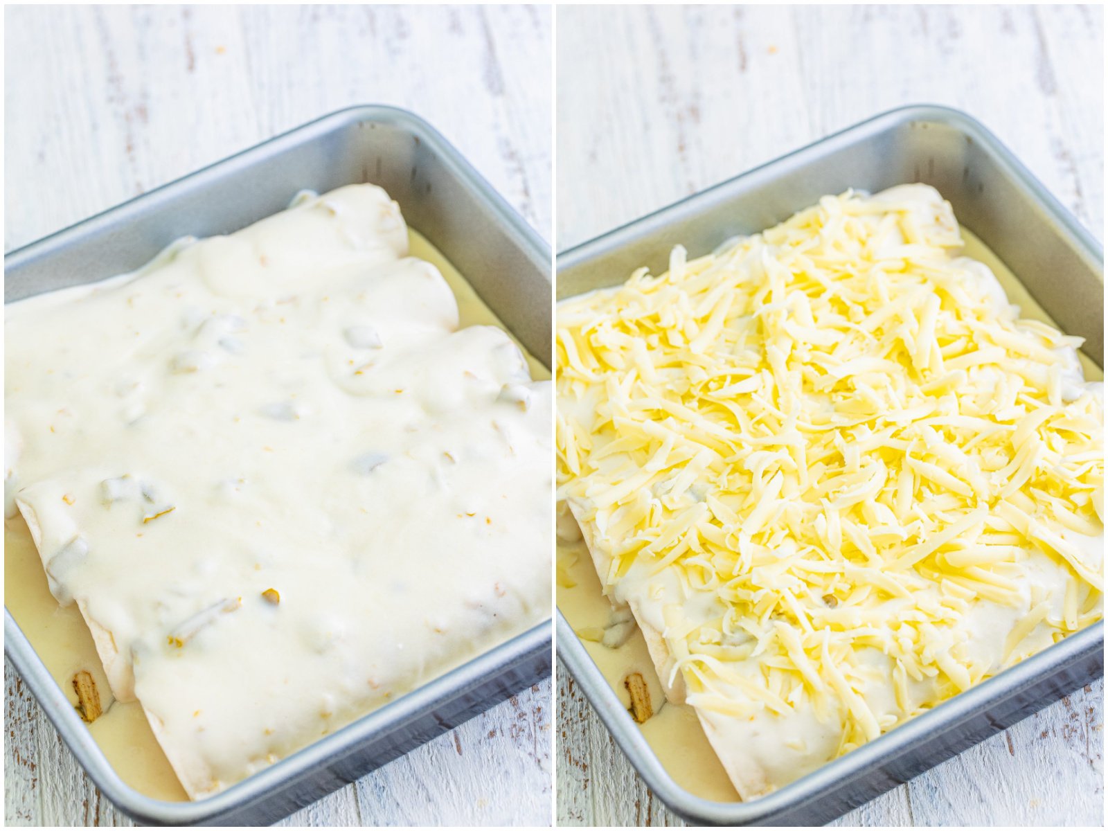 collage of two photos: white sauce on top of chicken enchiladas in a baking dish; shredded cheese added on top of enchiladas.