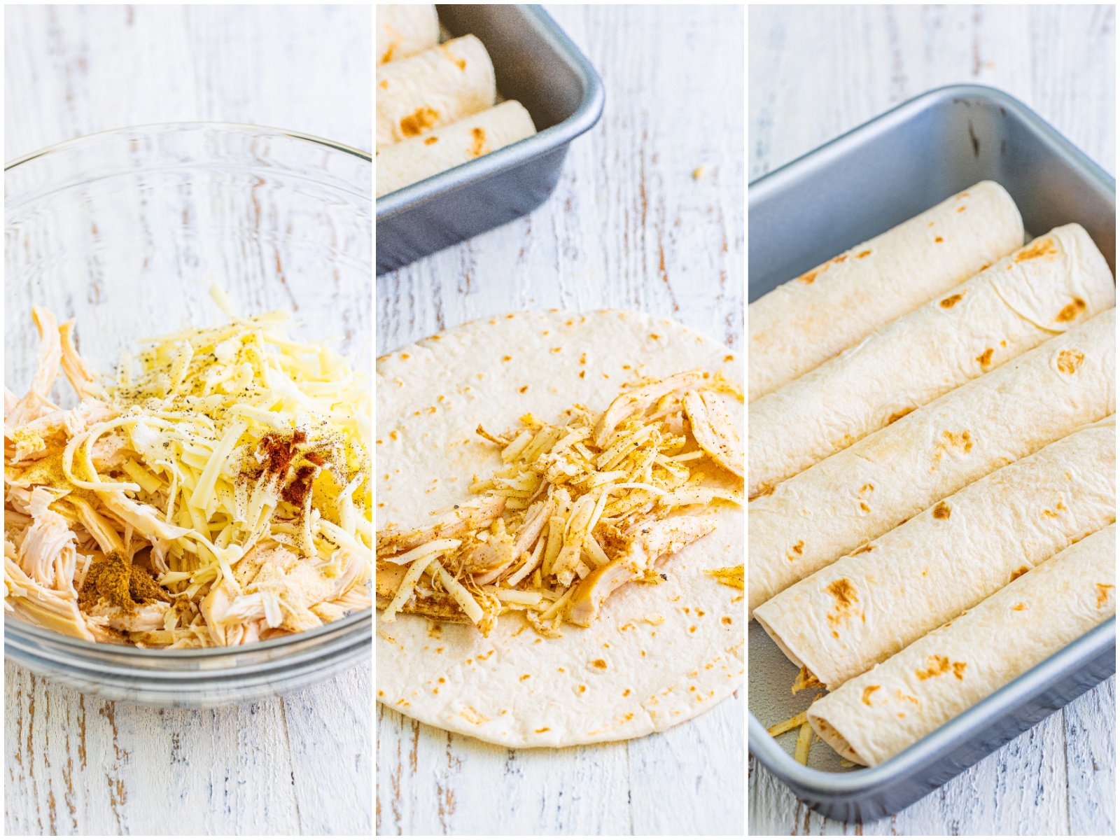 collage of three photos: shredded chicken with seasoning in a bowl; shredded chicken mixture shown inside tortilla; five rolled enchiladas in a baking sheet. 