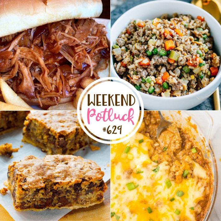Weekend Potluck featured recipes include: Kentucky Derby Bars, Hot Taco Dip, Ground Beef Fried Rice and Slow Cooker Zesty BBQ Chicken!