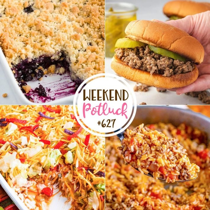 Weekend Potluck featured recipes include: 7 Layer Taco Dip, Loose Meat Sandwich, Blueberry Crisp and Taco Rice!