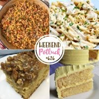 Weekend Potluck featured recipes: Lemon Velvet Cake, Easy Rotel Pasta, White Sauce Chicken Pasta and Farmhouse Buttermilk Cake.
