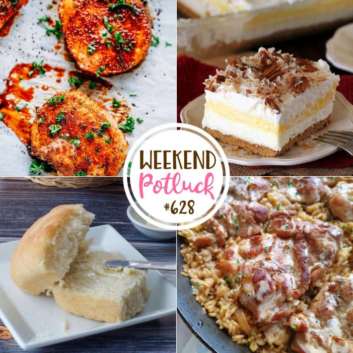Weekend Potluck featured recipes: were Granny Buns, Baked Pork Chops, Coconut Cream Yum Yum and Hibachi Chicken and Rice Skillet.