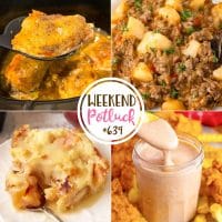 Weekend Potluck featured recipes include: 3-Ingredient Slow Cooker Chicken, Hamburger Hash, Peach Cobbler Bread Pudding and Raising Cane's Sauce.