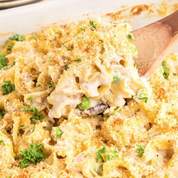 Close up examining Tuna Noodle Casserole.