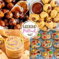 Crock Pot Honey Garlic Meatballs - Weekend Potluck #667 Weekend Potluck featured recipes include: Crock Pot Honey Garlic Meatballs, Cheeseburger Pigs in a Blanket, Soft and Chewy Monster Cookies and High Rollers!