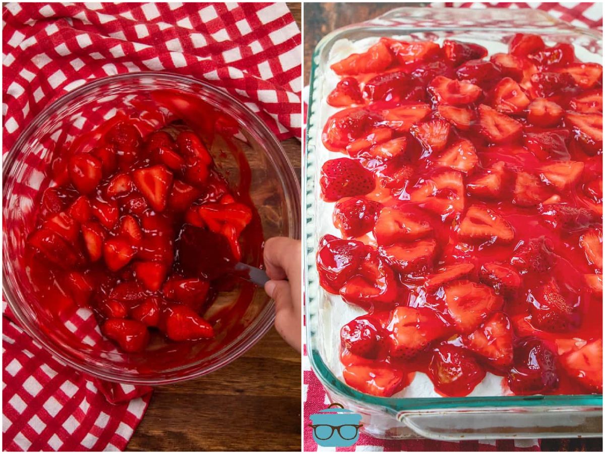 collage of two photos: fresh sliced strawberries in a glaze e in a bowl; glazed strawberries spread on cake.