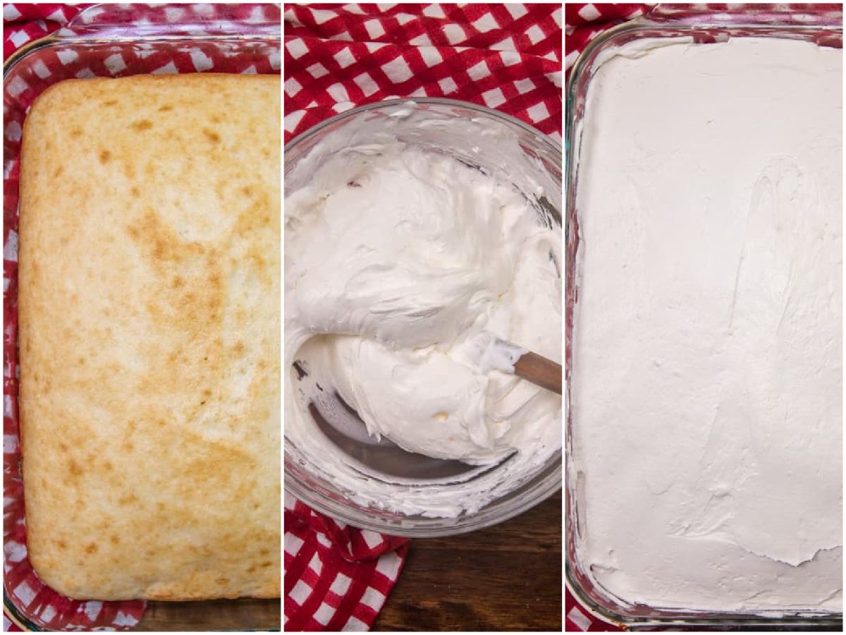 collage of three photos: baked white cake in baking dish. cream cheese frosting being mixed in a bowl, frosting spread on baked cake.