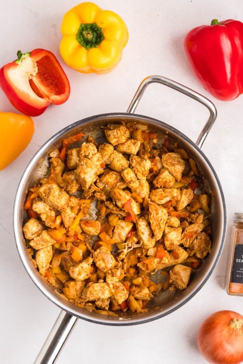 A chicken mixture in a skillet.