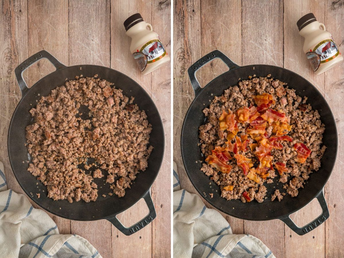 A skillet with cooked ground sausage and bacon.