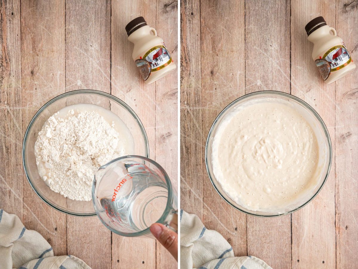 Water being added to  pancake batter in a bowl and a bowl of pancake batter.