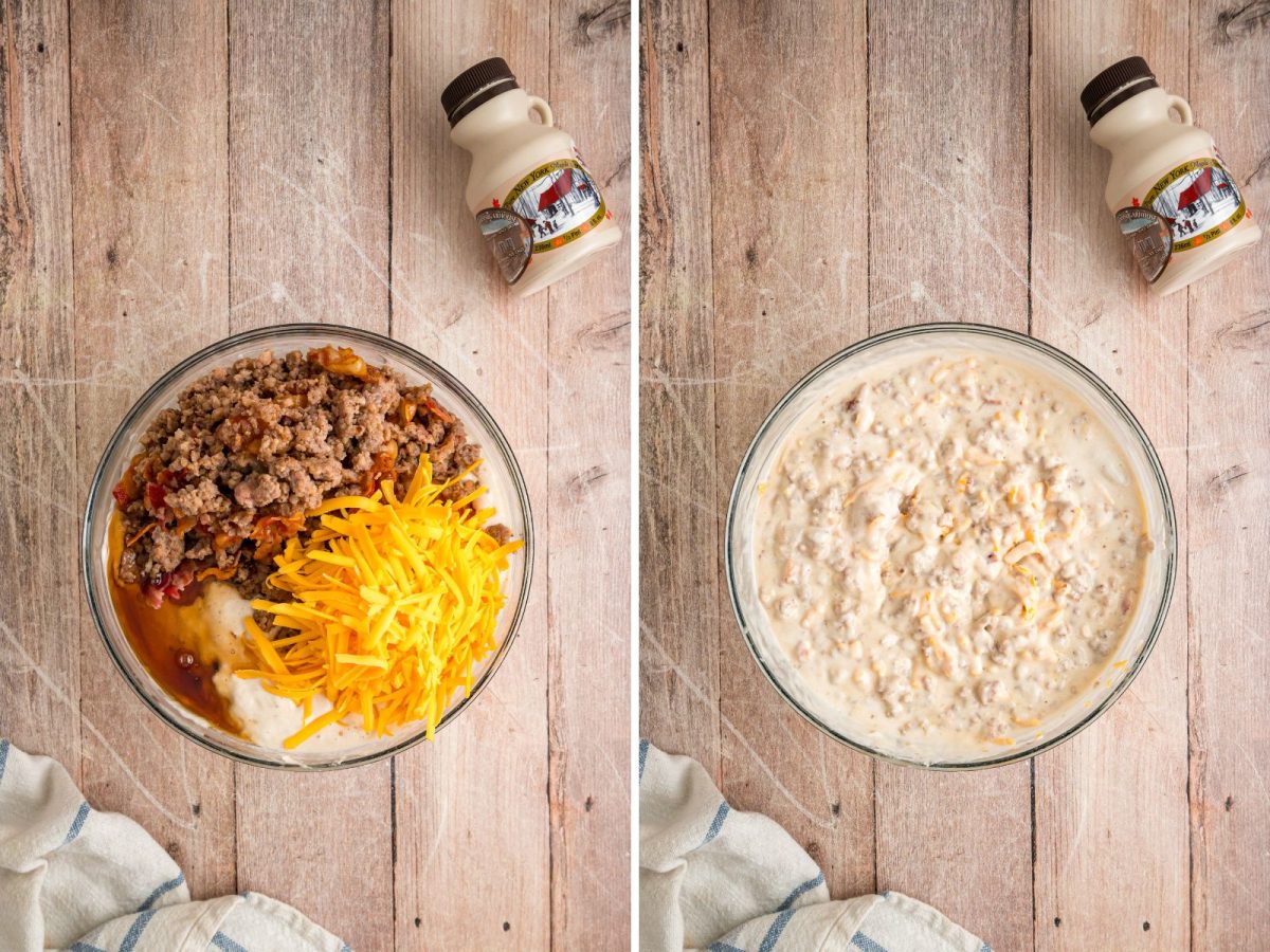 Sausage, bacon, and cheese being added to pancake batter in a bowl.