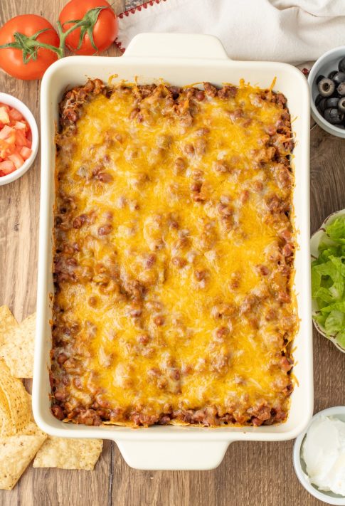 A baked Taco Casserole in a baking dish.