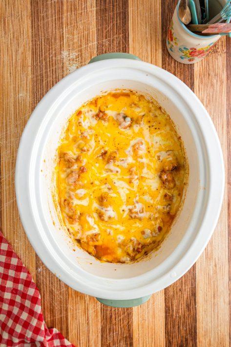 Queso and melted shredded cheese over Chicken and Rice in the Slow Cooker.