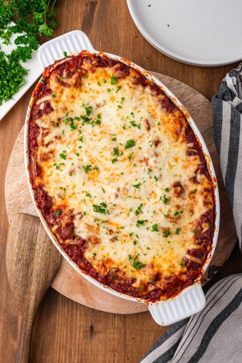 A baking pan of Baked Ravioli.