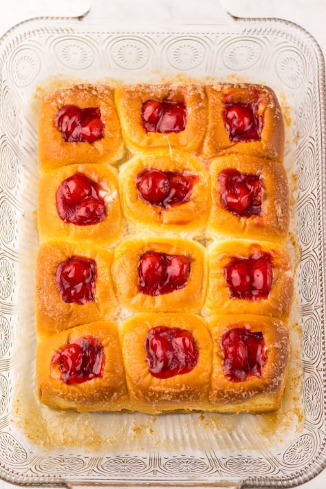 Baked but not iced Cherry Danish Hawaiian Rolls.