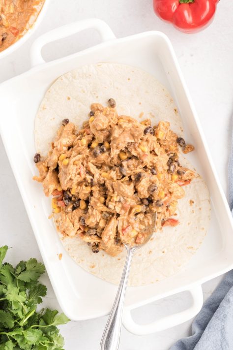 Chicken mixture on tortilla shells in a dish.