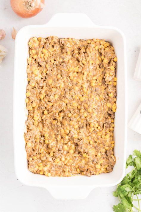A casserole mixture in a dish.