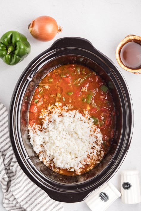 Rice being added to a soup in a Crockpot.